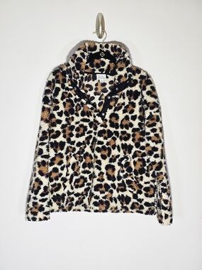 J. Crew Leopard Print Fleece Pullover Jacket - Black, Brown, Cream